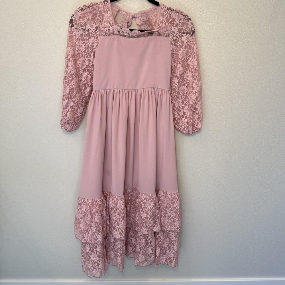 MITILLY Girls Boho Long Sleeve Lace Flower Tiered Ruffle Maxi Dress SZ MEDIUM